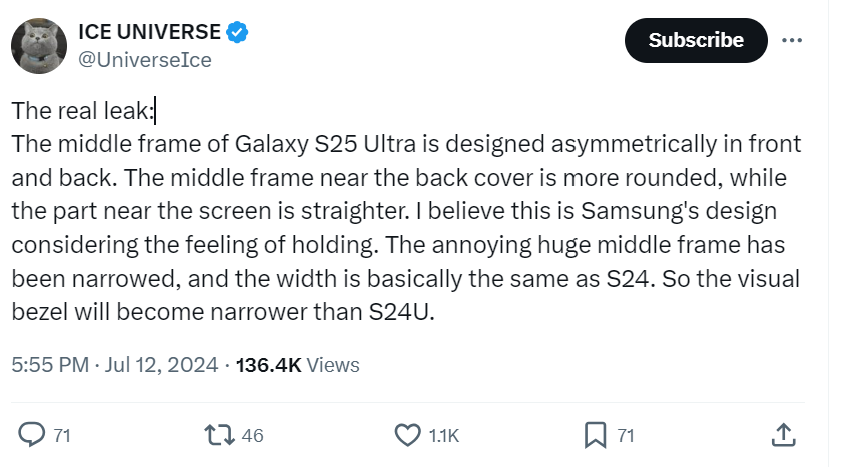 平面螢幕、前後不對稱中框設計：Samsung Galaxy S25 Ultra 更多機身設計細節曝光！ 1